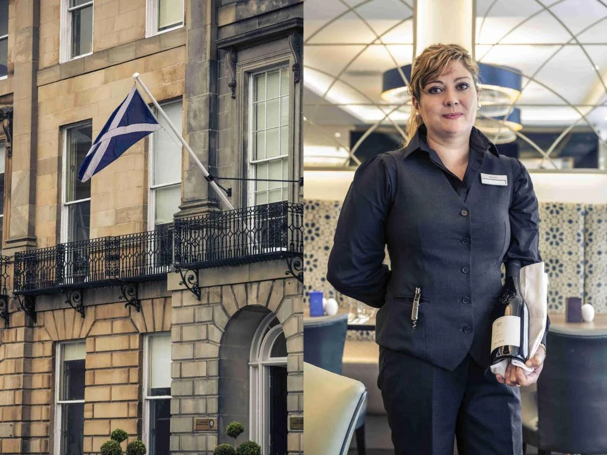 a woman is standing in front of a building at Mercure Edinburgh Haymarket in Edinburgh